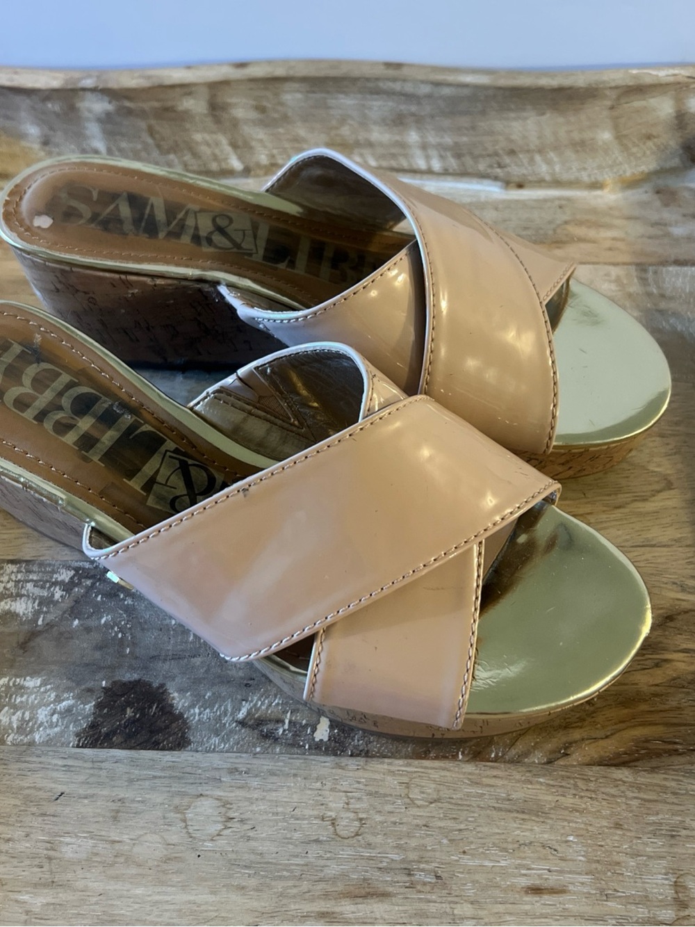 Sam & Libby Blush Patent Cross-Band Wedge Sandals